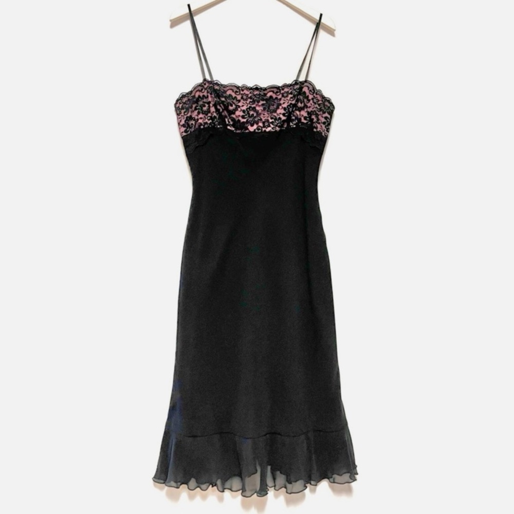 100% Silk 00s Express Black Lace & Pink Cocktail Dress - Picture 2 of 14